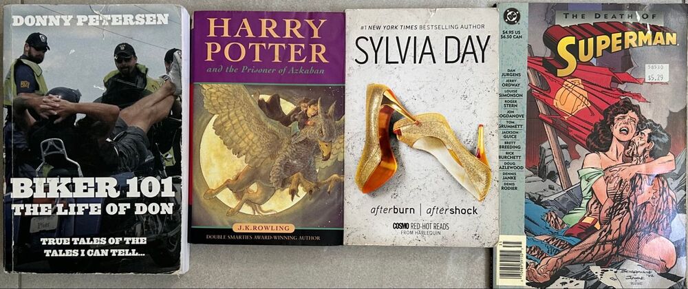 4-Book Mixed Paperback Bundle | Harry Potter, Sylvia Day, Superman & Biker 101